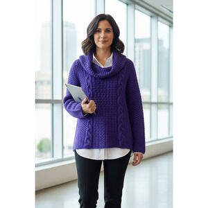 Chicos Purple Cowl neck Sweater 3/XL chunky cable knit textured oversized cozy